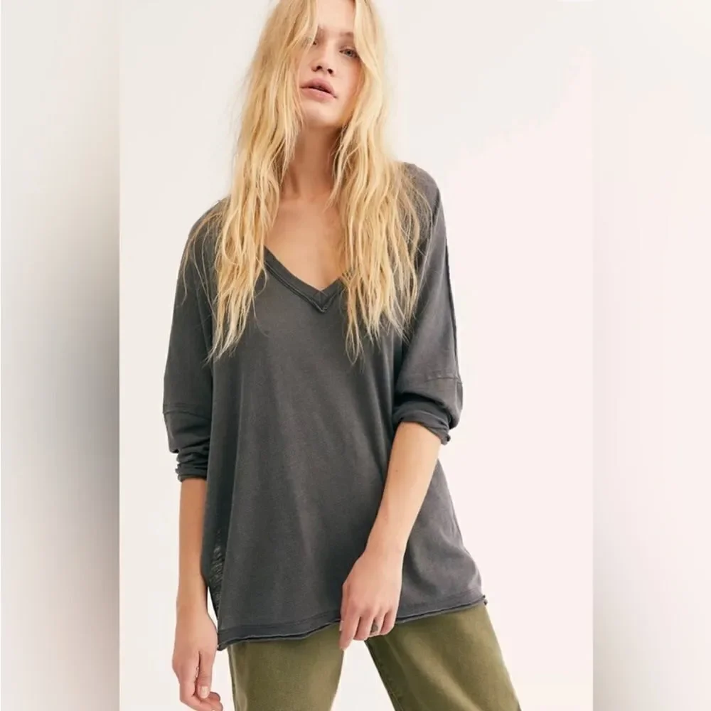 Free People On My Mind Oversized V Neck in Black